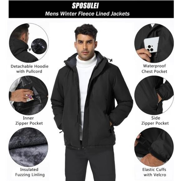 Mens Skiing Jackets with Hoode Snowboarding Waterproof Fleece Liner - Picture 5 of 7